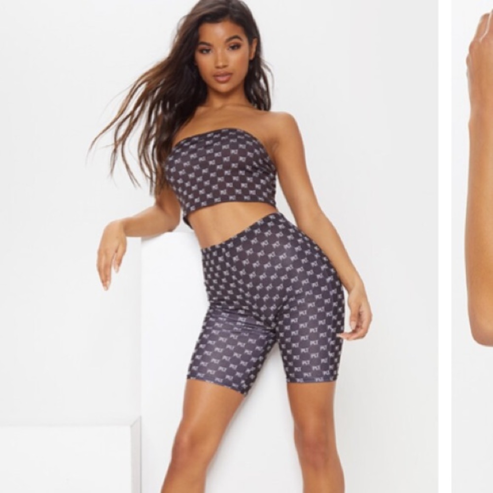 PLT Black Monogram Print Bandeau & Biker Shorts